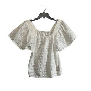 GAP White Eyelet Top Small Square Neck Flutter Puff Sleeve Cottagecore Coquette